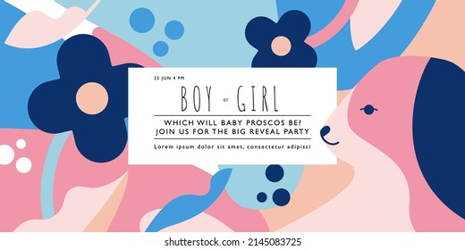 He or she. Horizontal banner with bunny on a geometric background with flowers. Gender invitation reveal template. Vector illustration