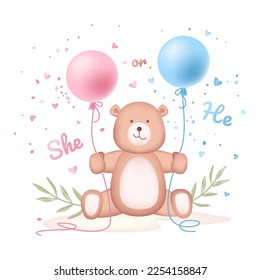 He or she.
Invitation or banner template with cute teddy bear and helium balloons. Vector illustration. Baby's t-shirt, baby shower,  design element