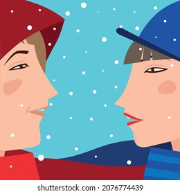 He and she look at each other against the snowy sky
