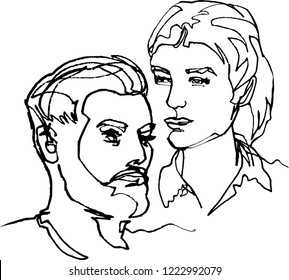 He and she, pair two faces, profiles, continuous line, drawing of two heads, mans and woman