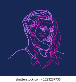 He and she, pair two faces, profiles, continuous line, drawing of two heads, mans and woman, punchy magenta violet colors on blue