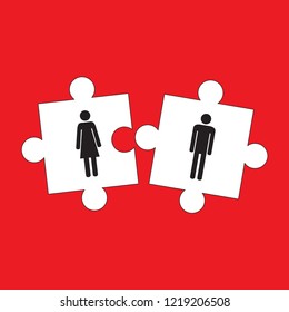 He and she puzzle. Love and relationship concept. Find your second half. Happy Valentine's day card. Vector illustration.