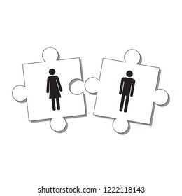 He and she puzzle. Love and relationship concept. Find your second half. Happy Valentine's day card. Vector illustration.