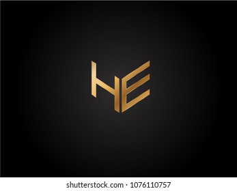 HE square shape Letter logo Design in silver gold color