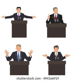 He stands in front of an audience gestures. Set of different poses. Presentation, presentation, conference, debate. Vector illustrations.