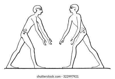 He stepped wrestlers against each other, vintage engraved illustration.
