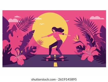 he summer vibes with this stylish flat illustration featuring a woman skateboarding at sunset. Ideal for projects needing a touch of holiday fun, tropical aesthetics, and cool design
