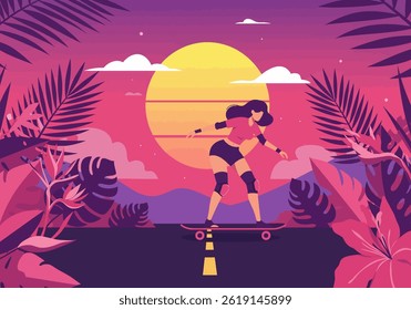 he summer vibes with this stylish flat illustration featuring a woman skateboarding at sunset. Ideal for projects needing a touch of holiday fun, tropical aesthetics, and cool design