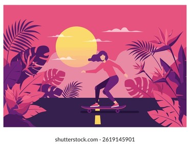he summer vibes with this stylish flat illustration featuring a woman skateboarding at sunset. Ideal for projects needing a touch of holiday fun, tropical aesthetics, and cool design