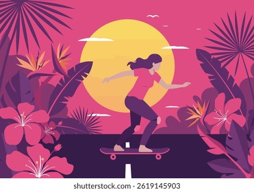 he summer vibes with this stylish flat illustration featuring a woman skateboarding at sunset. Ideal for projects needing a touch of holiday fun, tropical aesthetics, and cool design