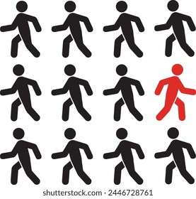 He thinks differently: a red man, unique and different, who moves in the opposite way to identical black ones. Courage, confidence, success, crowd and creativity concept.