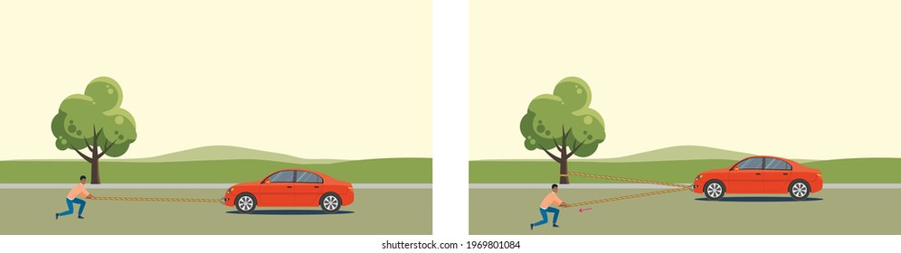 He ties the end of the rope to the tree and pulls the other end through the loop in front of the car