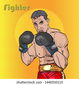 He is the top fighter.A formidable young man in the boxing platform.Pop art retro comic book cartoon drawing vector illustration kitsch vintage