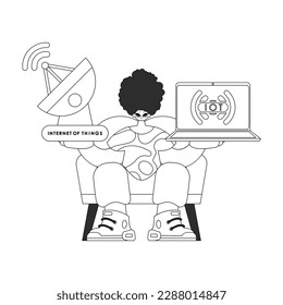 Está tocando una antena y una laptop para manejar datos de IoT, diseño lineal vectorial