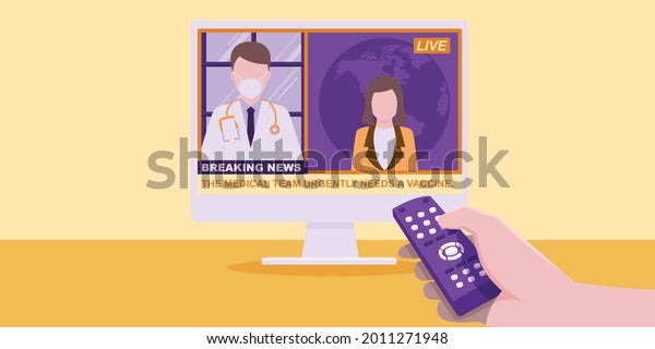 He was turning\
on the TV to see the news about the vaccine now what\
happened.\
Illustration about turn on\
tv.