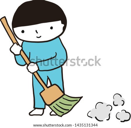 He uses a broom to clean the room.