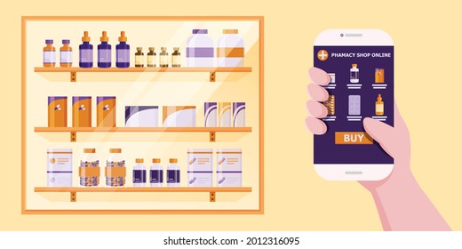 Está usando su smartphone para pedir medicamentos en línea, lo que hace más conveniente comprarlos.
Ilustración sobre compras en línea.