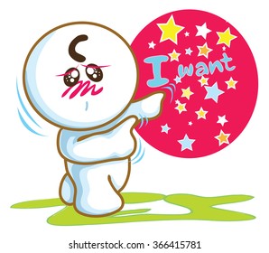 He want some ting and pointing to the star in red circle, He is pantomime, Cartoon vector character design cute and funny background white color.