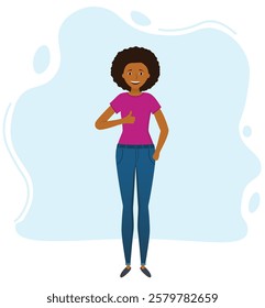 He was wearing blue jeans and a red T-shirt.  Surprised african american woman.Vector illustration in flat style.