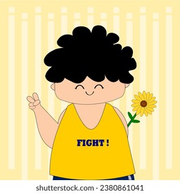 He was wearing a yellow tank top with the word fighting! printed, his face smiling softly. In his back hand holds a yellow sunflower and holds up two fingers to cheer everyone up.