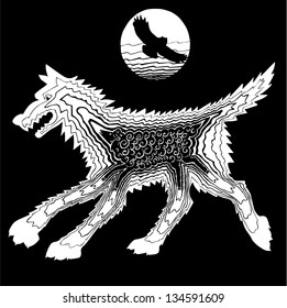 he wolf and the sheep at night in the moonlight. owl. silhouette