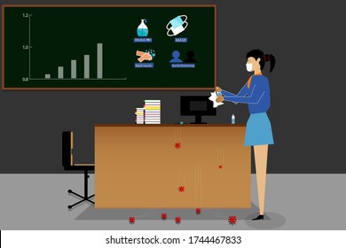 He, a woman, is cleaning up a table to work with alcohol injection to kill germs to prevent the coronary infection from the covid-19 virus that is spreading.