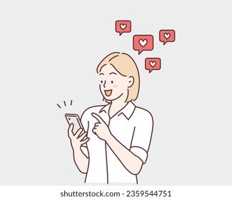 he woman is happy to receive many likes on her social media post. Hand drawn style vector design illustrations.