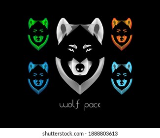 The head of 5 color wolf. Mascot wolf or dog. 4 element color - earth, fire, air and water. Blend logo animal.