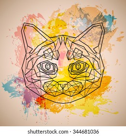 Head of Abstract Cat in linear design on colorful spots
