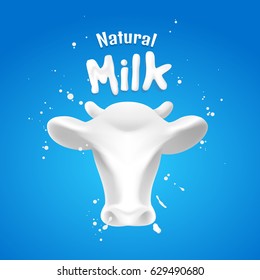 The head of an abstract cow with milk splash on the blue scene, illustration design.