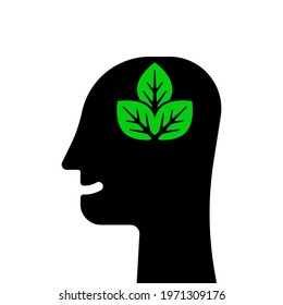head with abstract plant, well being mood logo. flat simplicity keep calm and peace logotype graphic silhouette design isolated on white. concept of make inner happiness or healthy life balance