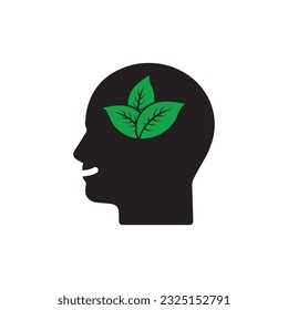 head with abstract plant, well being mood logo. flat simplicity keep calm and peace logotype graphic silhouette design isolated on white. concept of make inner happiness or healthy life balance