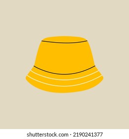 Elemento accesorio de cabezal en estilo moderno plano, estilo de línea. Ilustración vectorial de mano de sombrero panama amarillo de verano, estilo de moda de sombrero de cubo, diseño de dibujos animados, parche, placa, emblema.