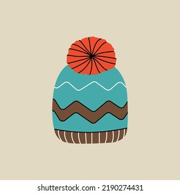 Head accessory element in modern style flat, line style. Hand drawn vector illustration of winter warm knitted hat fashion style, cartoon design, patch, badge, emblem.