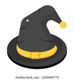 Head accessory of wizard, isometric icon of witch hat 