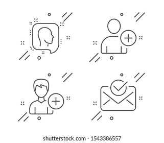 Head, Add user and Add person line icons set. Approved mail sign. Profile messages, Profile settings, Edit user data. Confirmed document. Business set. Line head outline icon. Vector