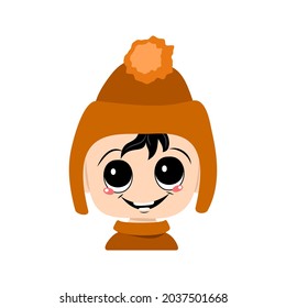 Head of adorable baby with happy emotions. Avatar of a child with big eyes and a wide smile in an orange hat with a pompom. A cute kid with a joyful face in an autumnal or winter headdress