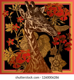 Head African animal giraffe close-up and red geranium flowers and leaves. Vector illustration. Floral background. Luxury pattern for design scarf or pillow. Modern beast style. Red, black, gold foil