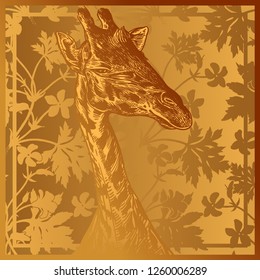 Head African animal giraffe close-up and geranium flowers and leaves. Vector illustration. Floral gold foil background. Luxury pattern. Template for design scarf or pillow. Modern beast style.