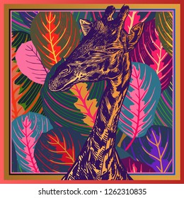 Head African animal giraffe close-up and  leaves tropical tree. Vector illustration. Floral background. Luxury pattern. Template for design scarf or pillow. Modern beast style.