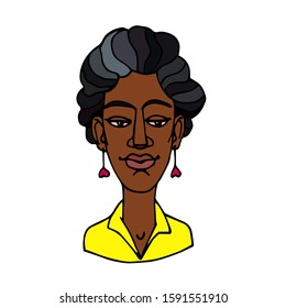 head of an african curly young cute brunette girl in yellow shirt, avatar, color vector illustration with black contour lines isolated on a white background in a hand drawn and cartoon style