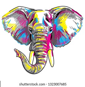 
The head of an African elephant. Elephant with a raised trunk. Drawing markers, pop art. Stylish poster.