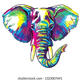 
The head of an African elephant. Elephant with a raised trunk. Drawing markers, pop art. Stylish poster.