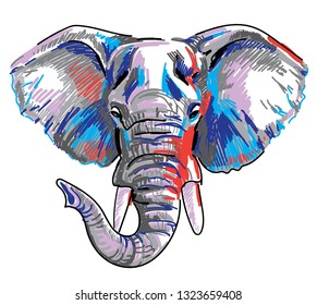 
The head of an African elephant. Elephant with a raised trunk. Drawing markers, pop art. Stylish poster.