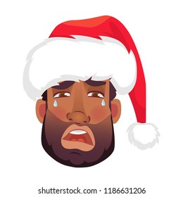 Head of African man in a Santa Claus hat. African american man face expression. Human emotions icon. Set of cartoon vector illustrations.