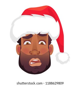Head of African man in a Santa Claus hat. African american man face expression. Human emotions icon. Set of cartoon vector illustrations.