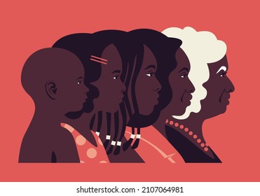 The Head Of An African Woman Of Different Ages In Profile. Ageing Process. The Child And Adult Face Side View. Childhood, Youth And Old Age. Vector Flat Illustration