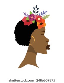 Head of African Woman with Flowers in the Hair. People and fashion concept vector art