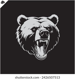 head of an aggressive bear, wide grinning evil mouth, silhouette, side view, looking up, stencil, flat vector, white background. game sport logo.