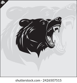 head of an aggressive bear, wide grinning evil mouth, silhouette, side view, looking up, stencil, flat vector, white background. game sport logo.